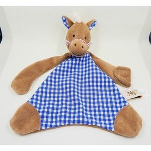 Maison Chic Horse Pony Blue Gingham Check Lovey Security Blanket Pacifier Holder
